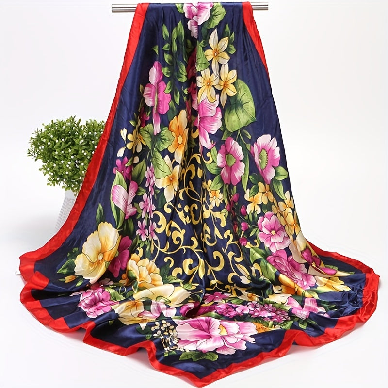 Silky Square Floral Print Scarf Satin Shawl 89x92 Cm