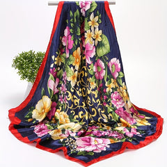 Silky Square Floral Print Scarf Satin Shawl 89x92 Cm