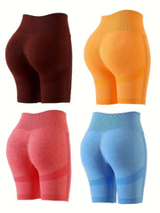 4pcs Seamless Solid Butt Lifting Sports Shorts High Waist Yoga Running Shorts