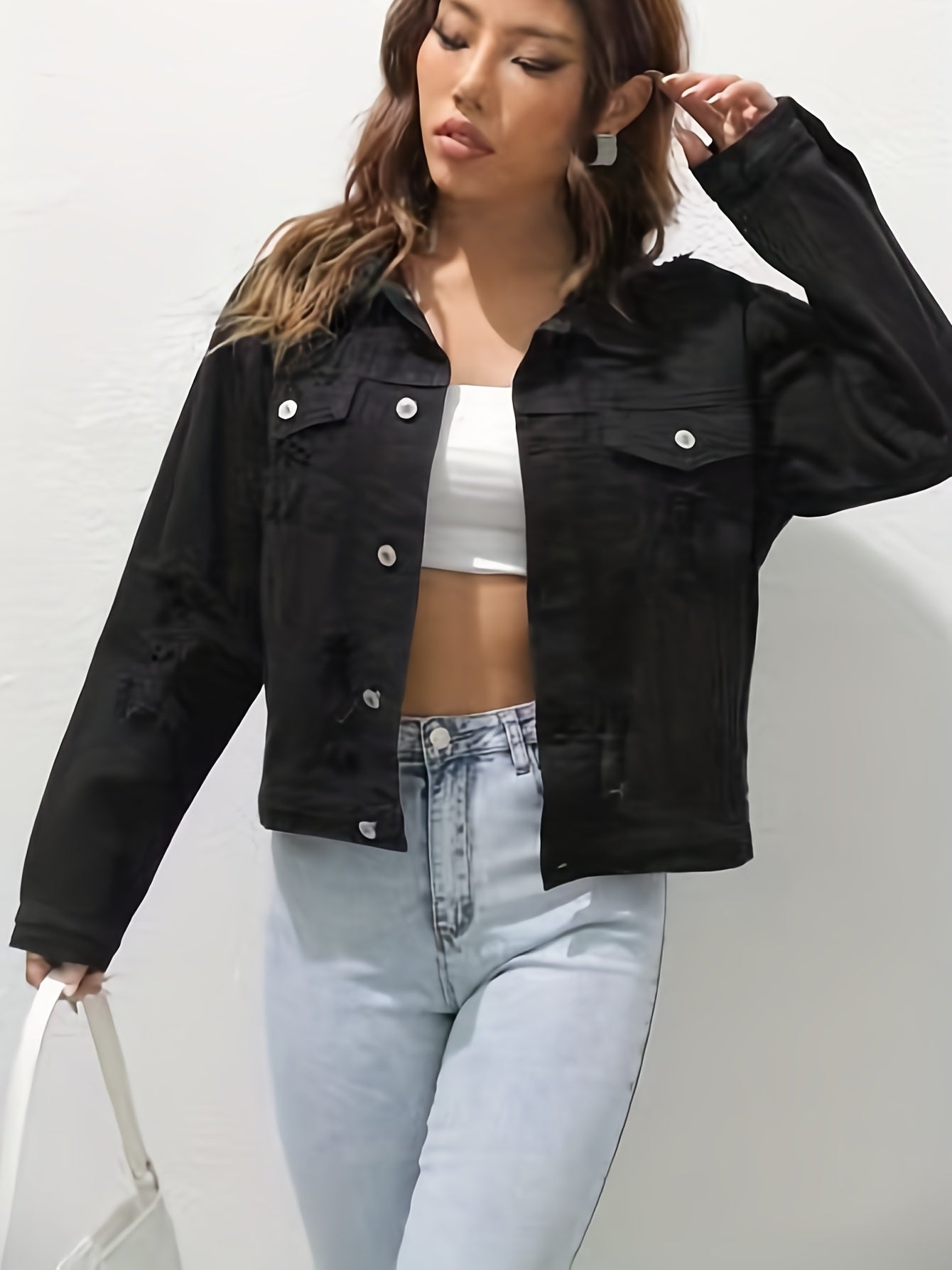 Ripped Holes Denim Jackets Long Sleeves Single Breasted Button Lapel Denim Coats