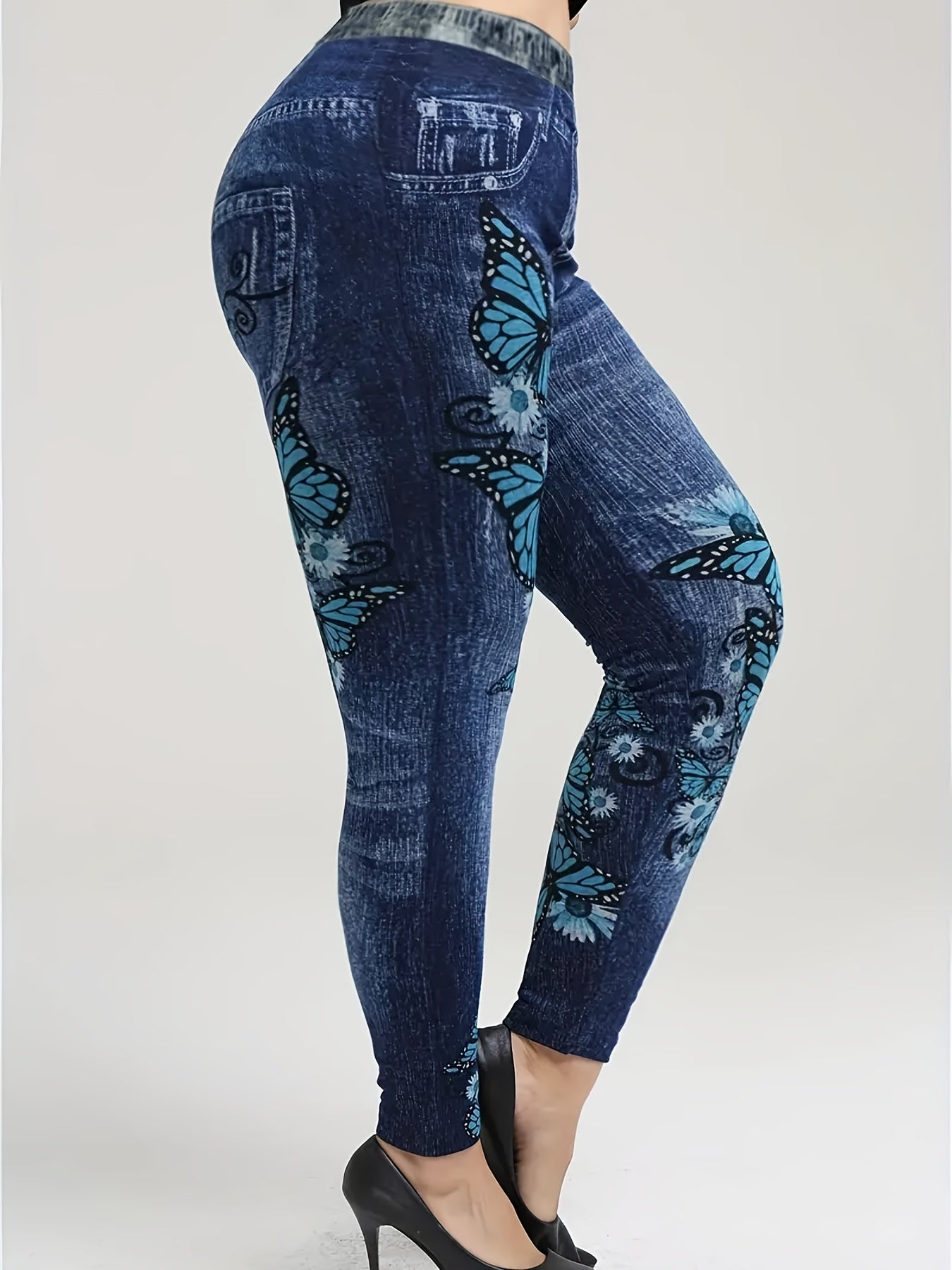 Denim & Butterfly Print High Rise Leggings