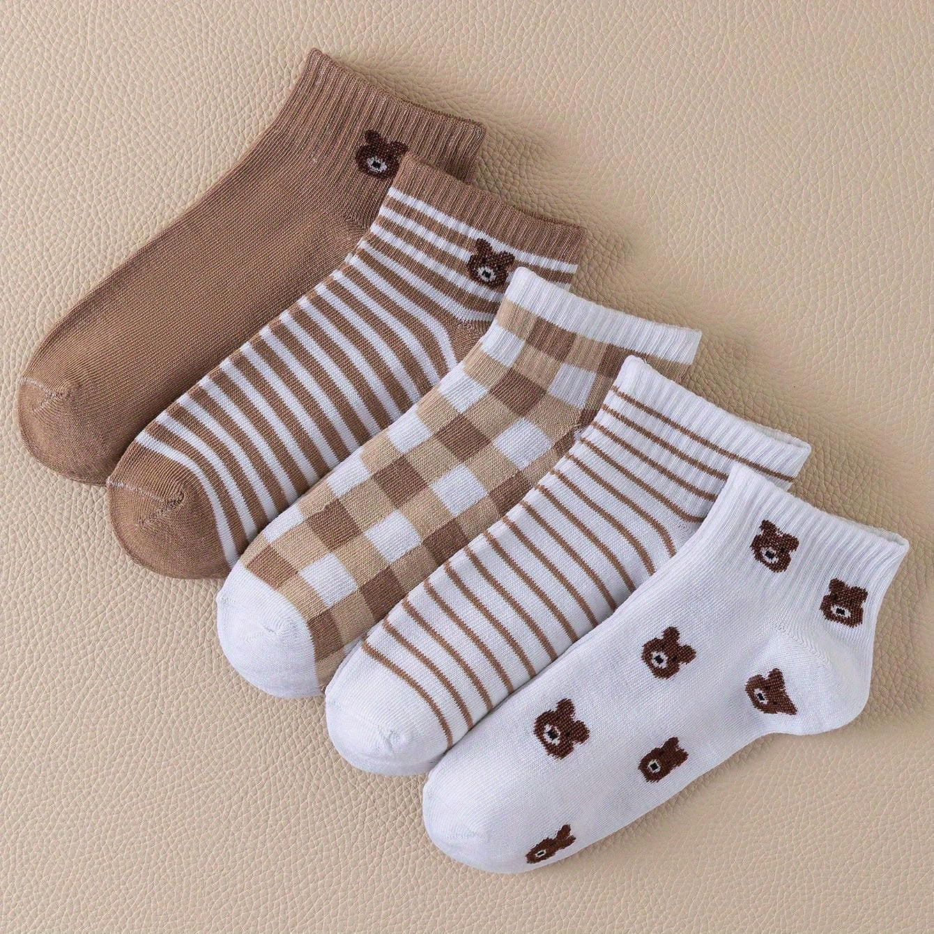 5 Pairs Women's Bear Pattern Earth Tone Tube Socks