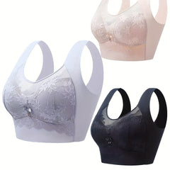 3pcs Lace Wireless Bras Comfy & Full Coverage Women's Lingerie