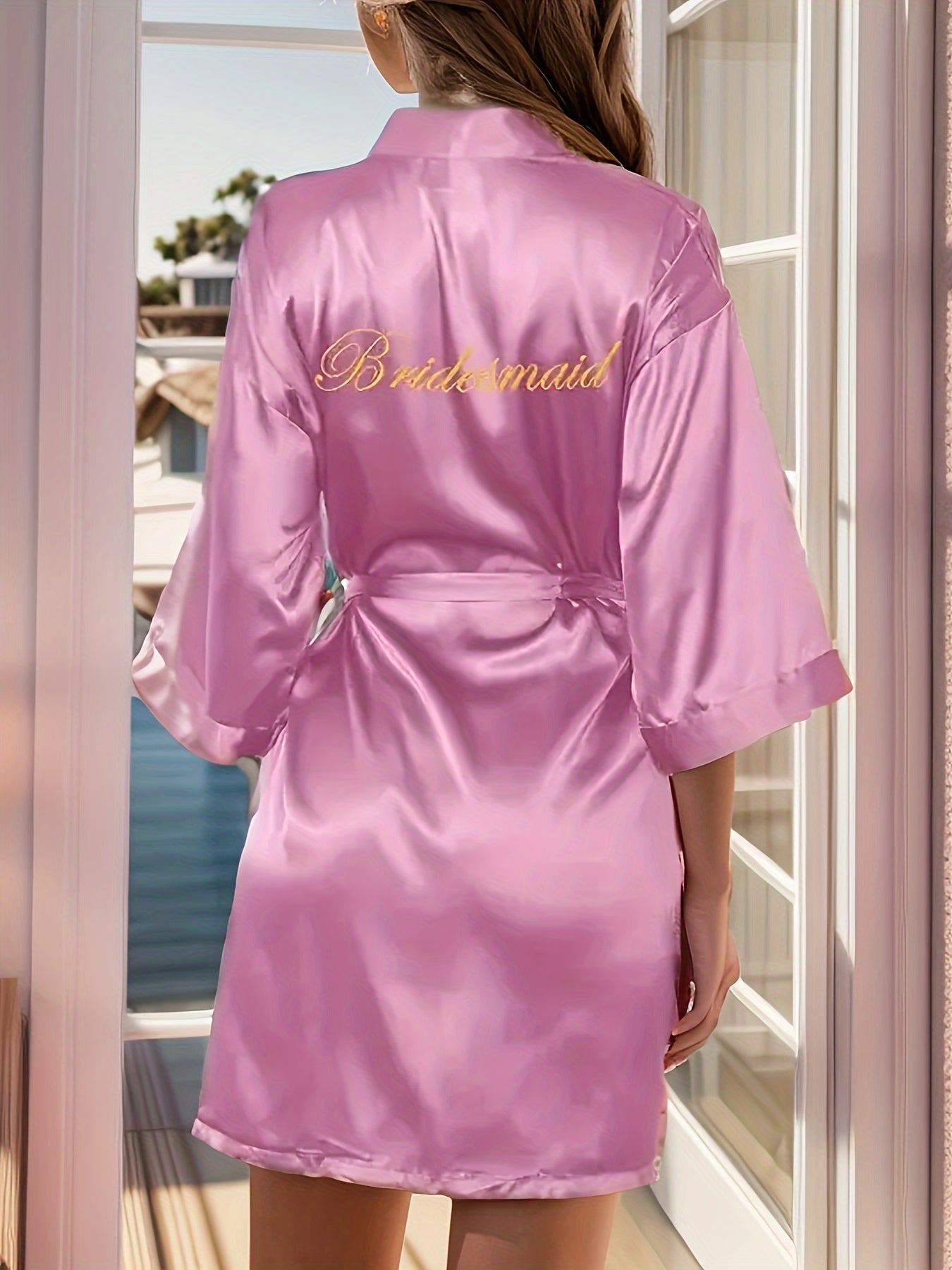 Letter Embroidery Night Robe Long Sleeve V Neck Robe With Belt Women's Sleepwear
