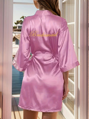Letter Embroidery Night Robe Long Sleeve V Neck Robe With Belt Women's Sleepwear