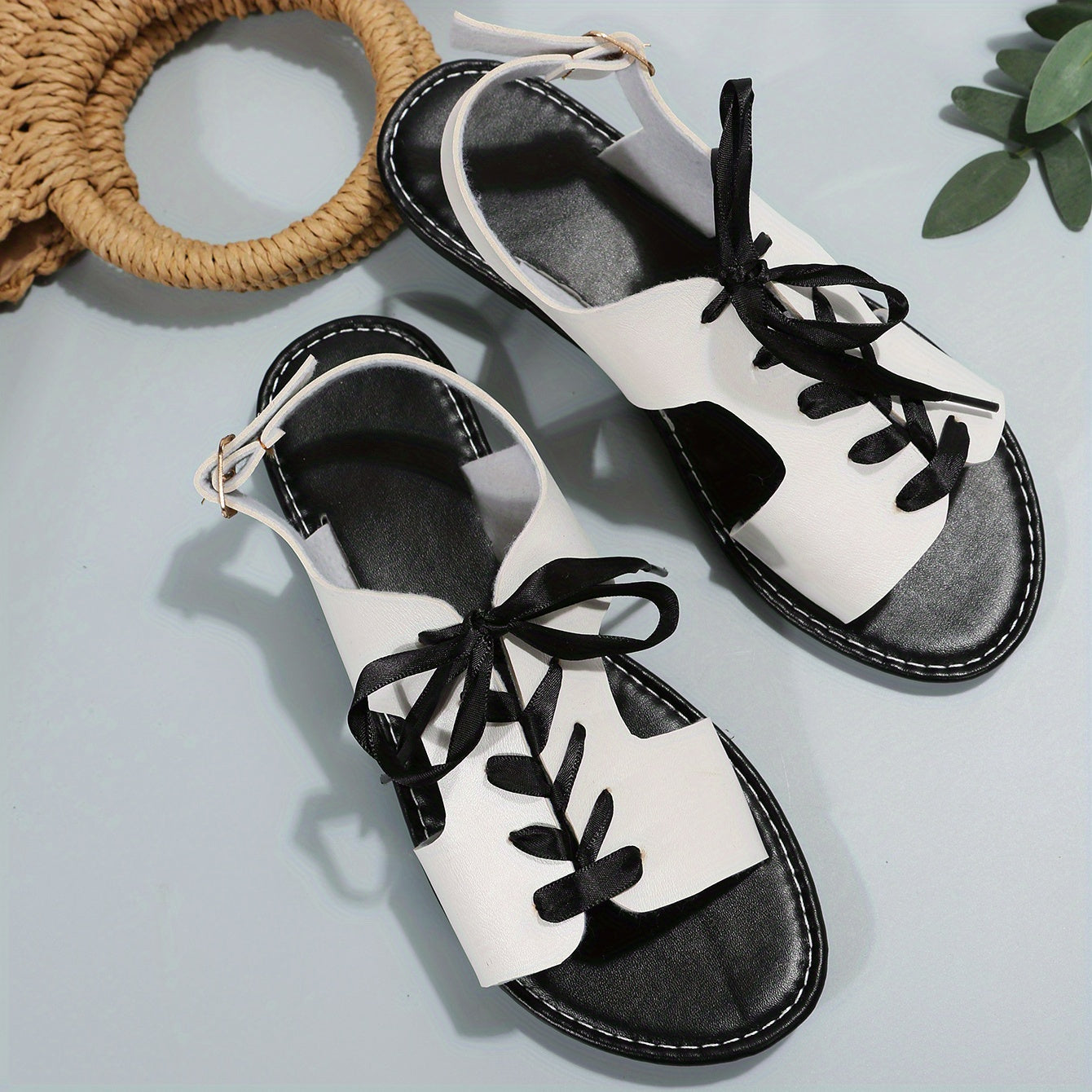 Women's Lace Up Flat Sandals Back Buckle Strap Faux Leather Shoes