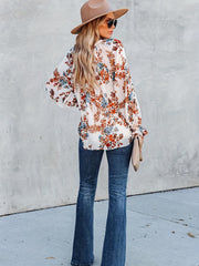 Women's Plus Floral Print Ruffle Trim Lantern Sleeve V Neck Blouse
