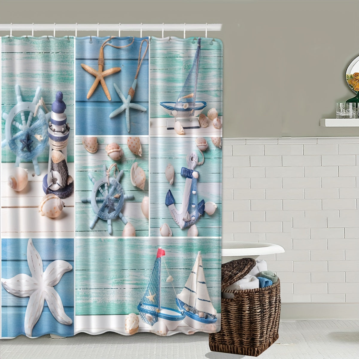 Waterproof Sailboat Starfish Shower Curtain Set with Non Slip Rug