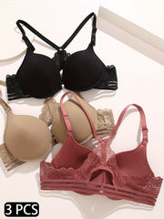 3pcs Lace Push Up Bras Front Buckle Comfy & Breathable Women's Lingerie