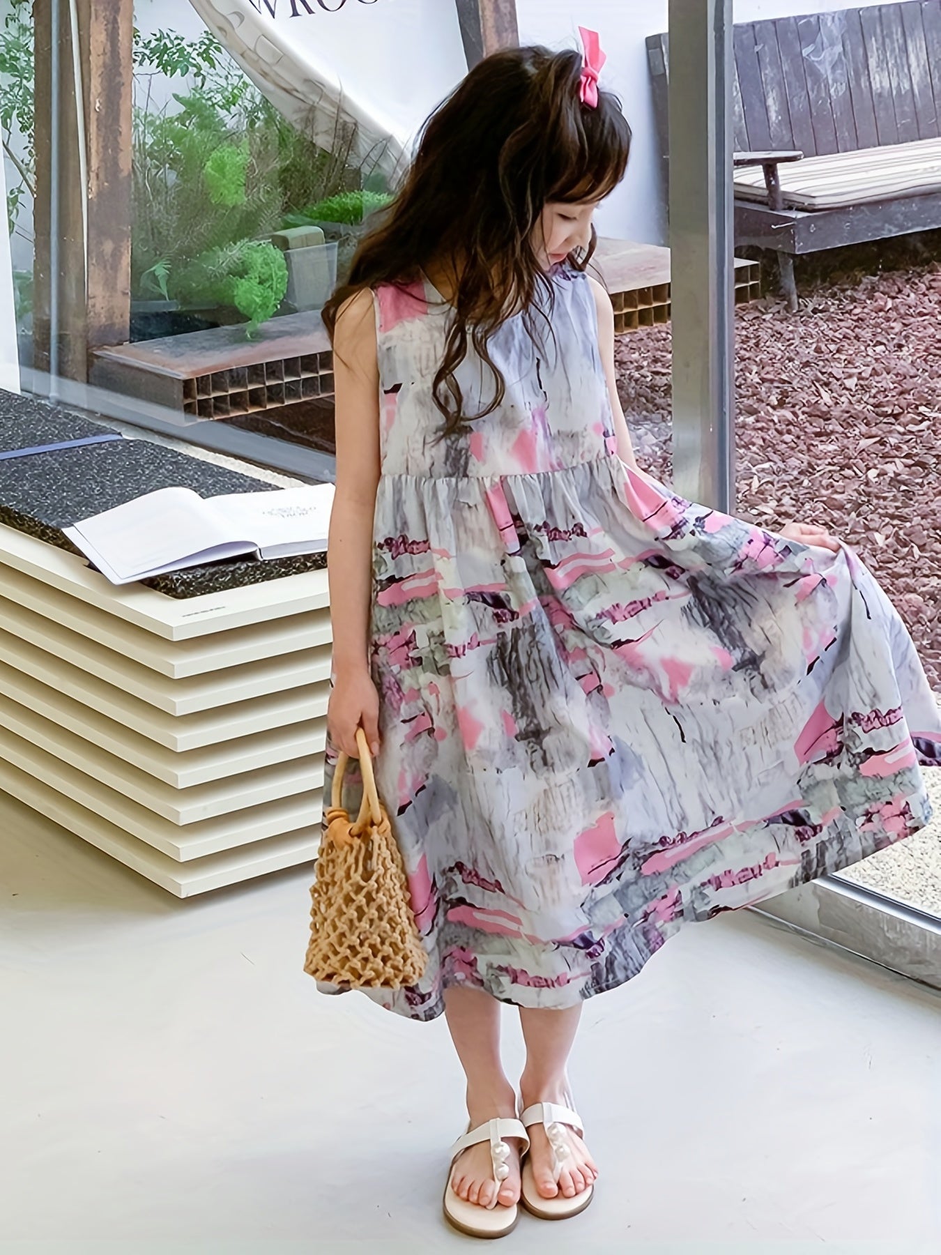 Girl's Brush Stroke Graphic Dress Casual Sleeveless Loose Princess Dress