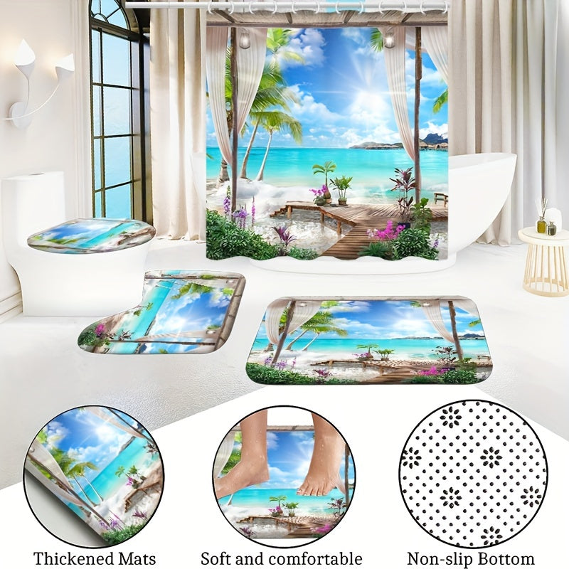 Summer Beach Shower Curtain Bathroom Non Slip Mat 4pcs Set