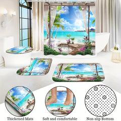 Summer Beach Shower Curtain Bathroom Non Slip Mat 4pcs Set