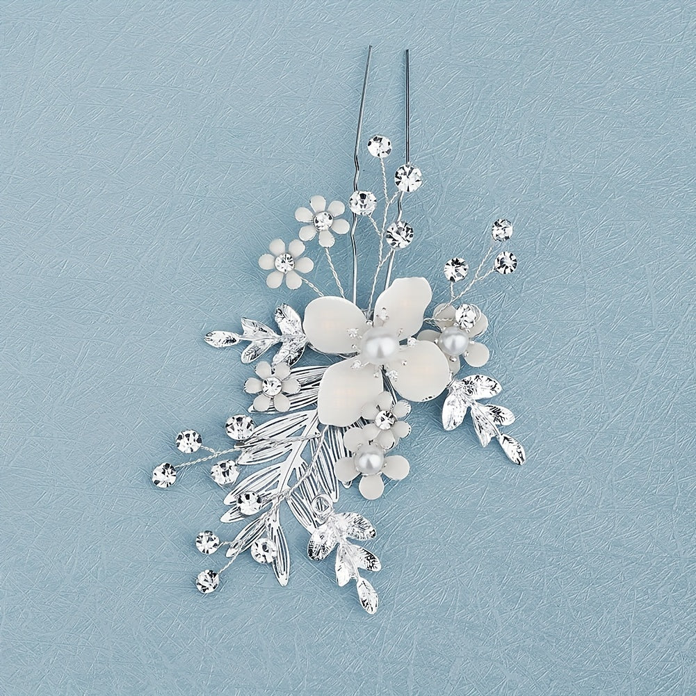 Flower Charm Hair Pin Rhinestone & Pearl Headwear Bridal Wedding Accessory