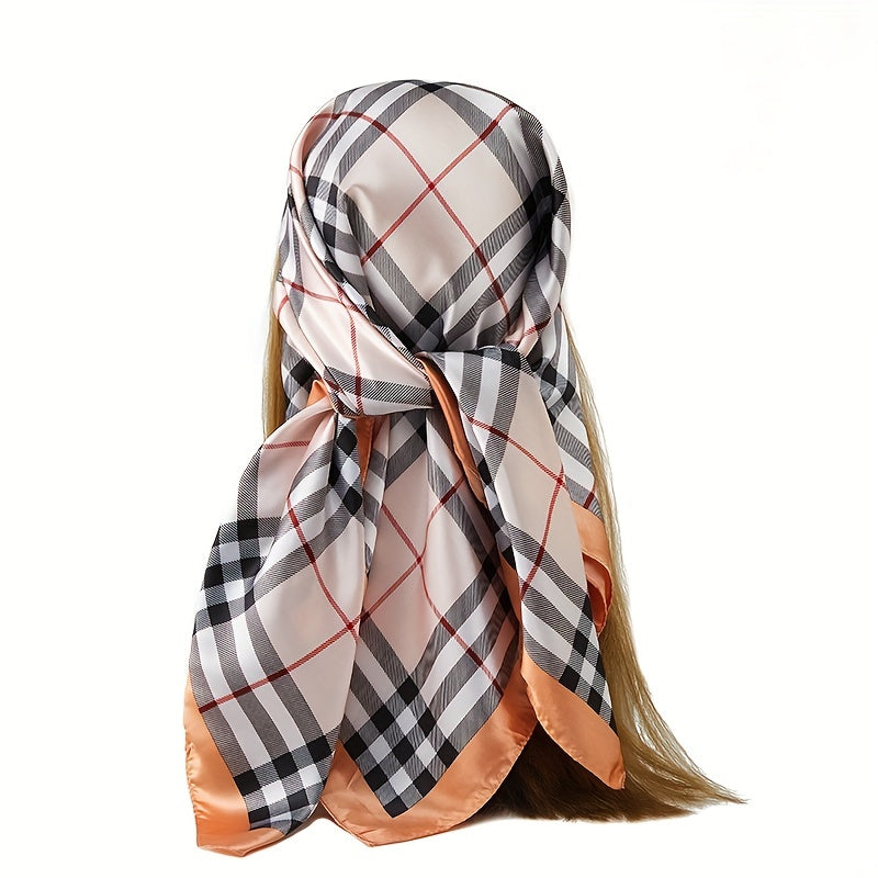 Plaid Print Bandana Silk Large Square Scarf Casual Head Wrap Women Hair Accessor