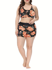 Floral Crisscross Back Tankini Set with Solid Tank Top Swimsuit