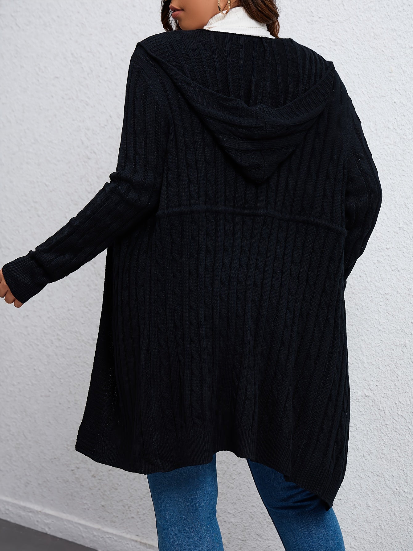 Casual Cardigan Women's Plus Solid Cable Long Sleeve Drawstring Hooded