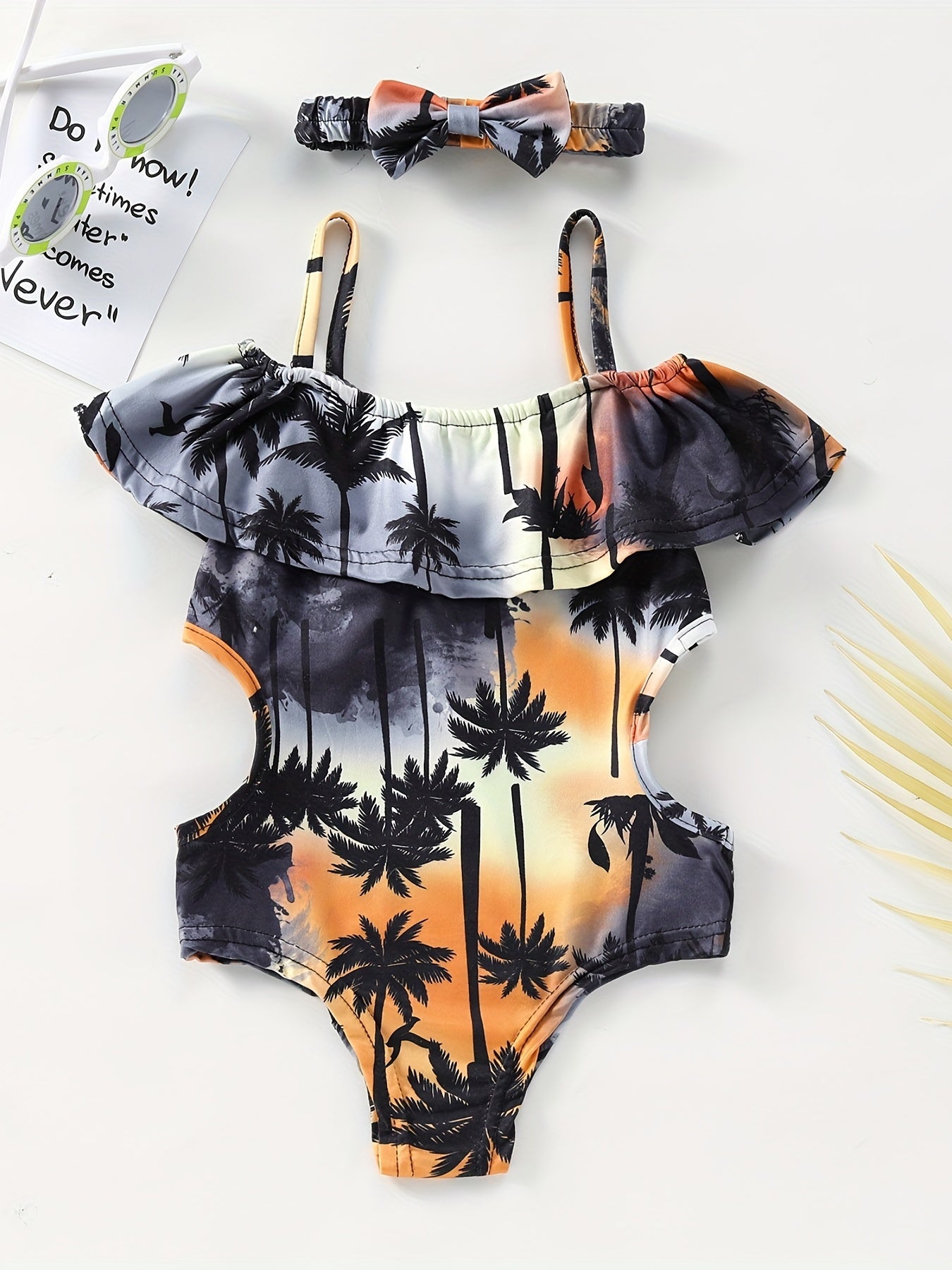 Toddler Girls Coconut Tree Graphic One Piece Swimsuit Set