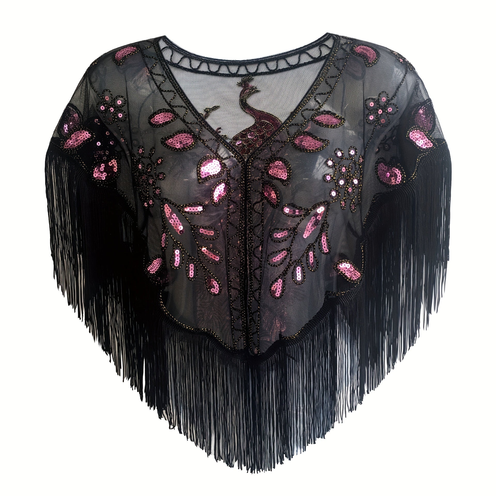 1920s Peacock Embroidery Tassel Shawl Sequin Beaded Wrap
