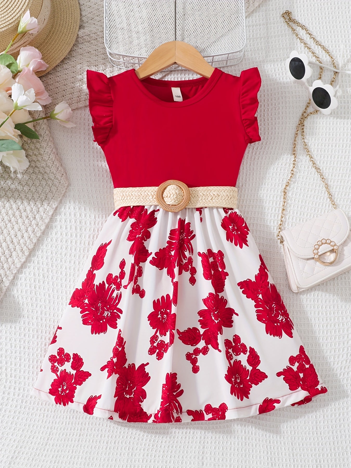 Kid's Floral Print Flutter Sleeve Dress with Belt
