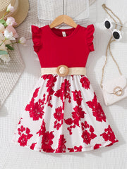 Kid's Floral Print Flutter Sleeve Dress with Belt