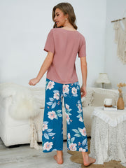 Floral Print Lounge Set V Neck Short Sleeve Top & Bow Pants