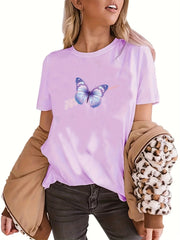 Butterfly Print T-shirt Short Sleeve Crew Neck Streetwear Summer Tee