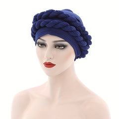 Double Braid Pre tied Turban Cap Solid Pleated Head Wrap Elastic Bonnet