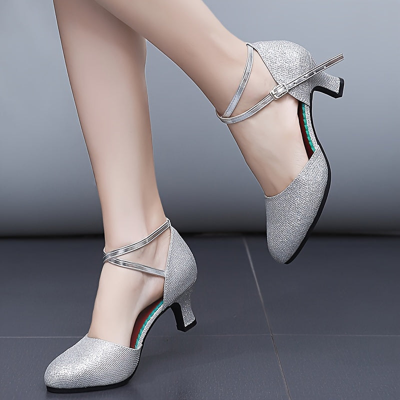 Women's Silver Mid Heel Latin Dance Shoes Closed Toe
