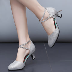 Women's Silver Mid Heel Latin Dance Shoes Closed Toe