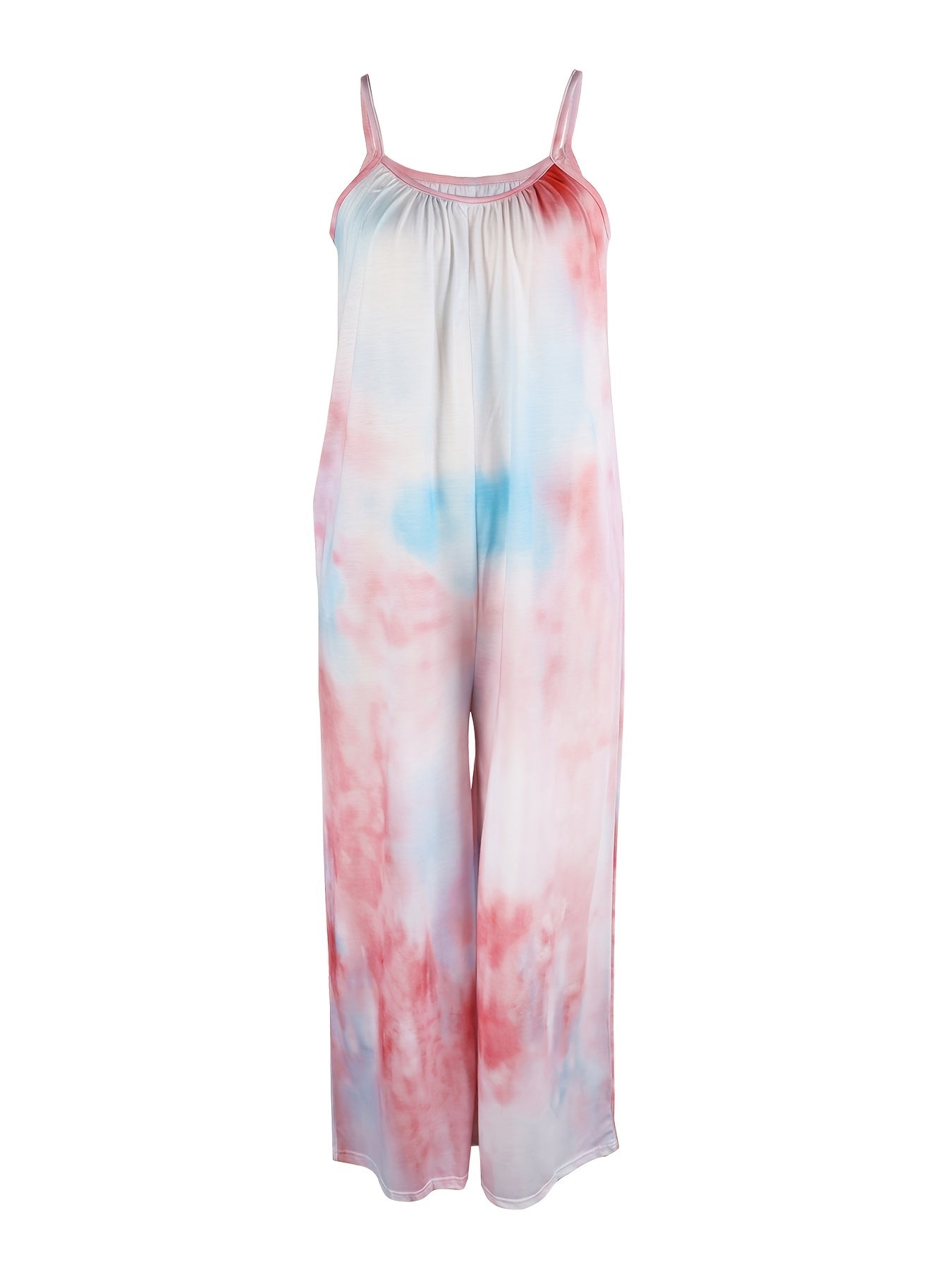 Boho Tie Dye Loose Cami Jumpsuit Casual Crew Neck Wide Leg Mini Strap Jumpsuit