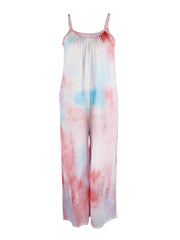 Boho Tie Dye Loose Cami Jumpsuit Casual Crew Neck Wide Leg Mini Strap Jumpsuit