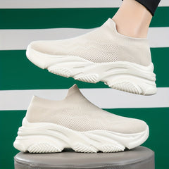 Beige Low Top Socks Sneakers Woven Chunky Slip On Running Shoes