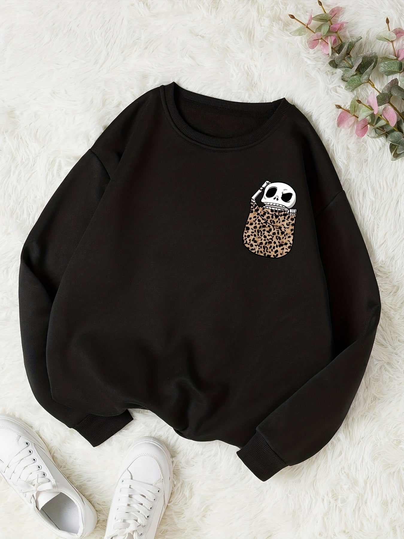 Leopard Skull Print Pullover Sweatshirt Casual Long Sleeve Crew Neck Sweatshirt