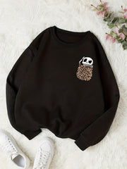 Leopard Skull Print Pullover Sweatshirt Casual Long Sleeve Crew Neck Sweatshirt