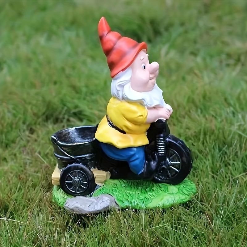 Outdoor Motorcycle Gnome Statue Dwarf Riding Motorcycle Succulent Flower Pot