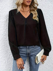 Solid Plicated Detail Long Sleeve V Neck Top