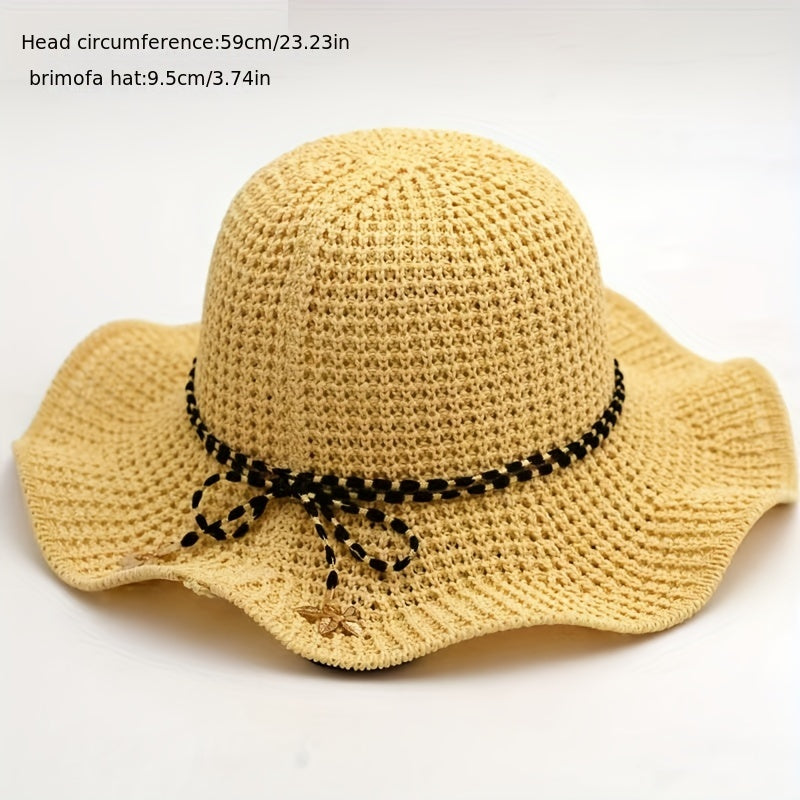 Ruffles Hollow Out Sun Hat Solid Floppy Bucket Hat Bowknot Decor Crochet