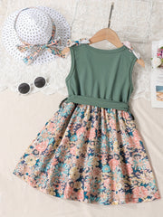 2pcs Toddler Girls Sleeveless Button Flowers Dress & Bow Straw Hat Set