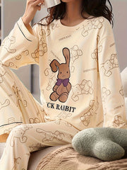 Rabbit Print Pajama Set Long Sleeve Crew Neck Top & Pants