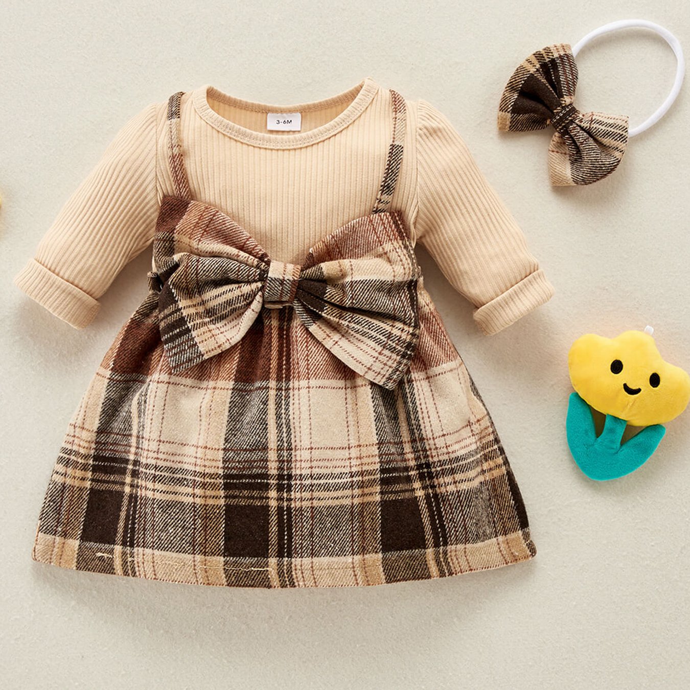 Plaid Print Dress & Headband Set for Baby Girl