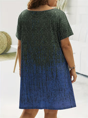 Plus Size Colorblock Baroque Print V Neck Short Sleeve Tee Dress