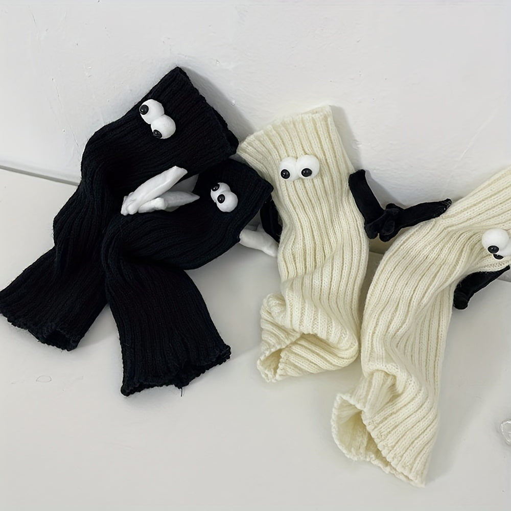 Cartoon Eyes Hand In Hand Leg Warmers Knee High Socks Women's Stockings