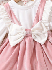 Sweet & Baby Girls Princess Dress Long Sleeve Top Velvet Skirt With Big Bow Back
