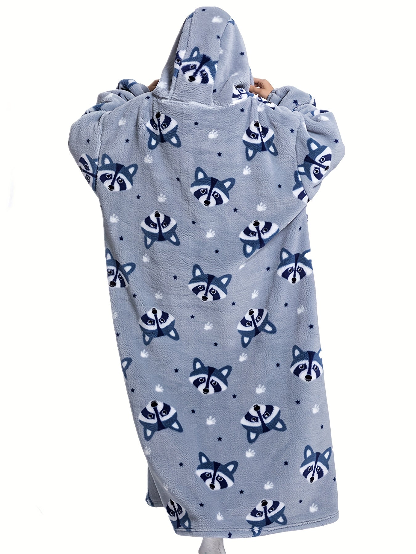 Women's Plus Size Raccoon Pattern Flannel Hoodie Nightgown