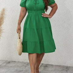 Solid Crinkle Knot Sleeve Square Neck Smock Dress