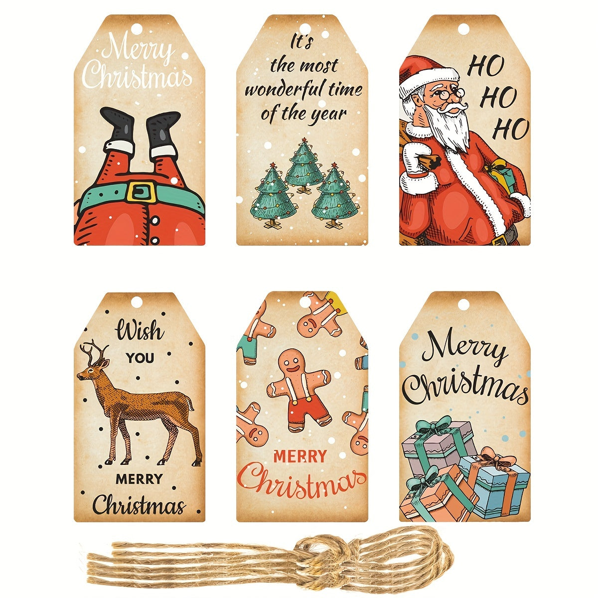 60pcs Christmas Bookmarks & Hanging Tags, 6 Styles, 10pcs Each, 60 Hemp Ropes