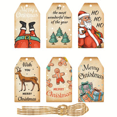60pcs Christmas Bookmarks & Hanging Tags, 6 Styles, 10pcs Each, 60 Hemp Ropes
