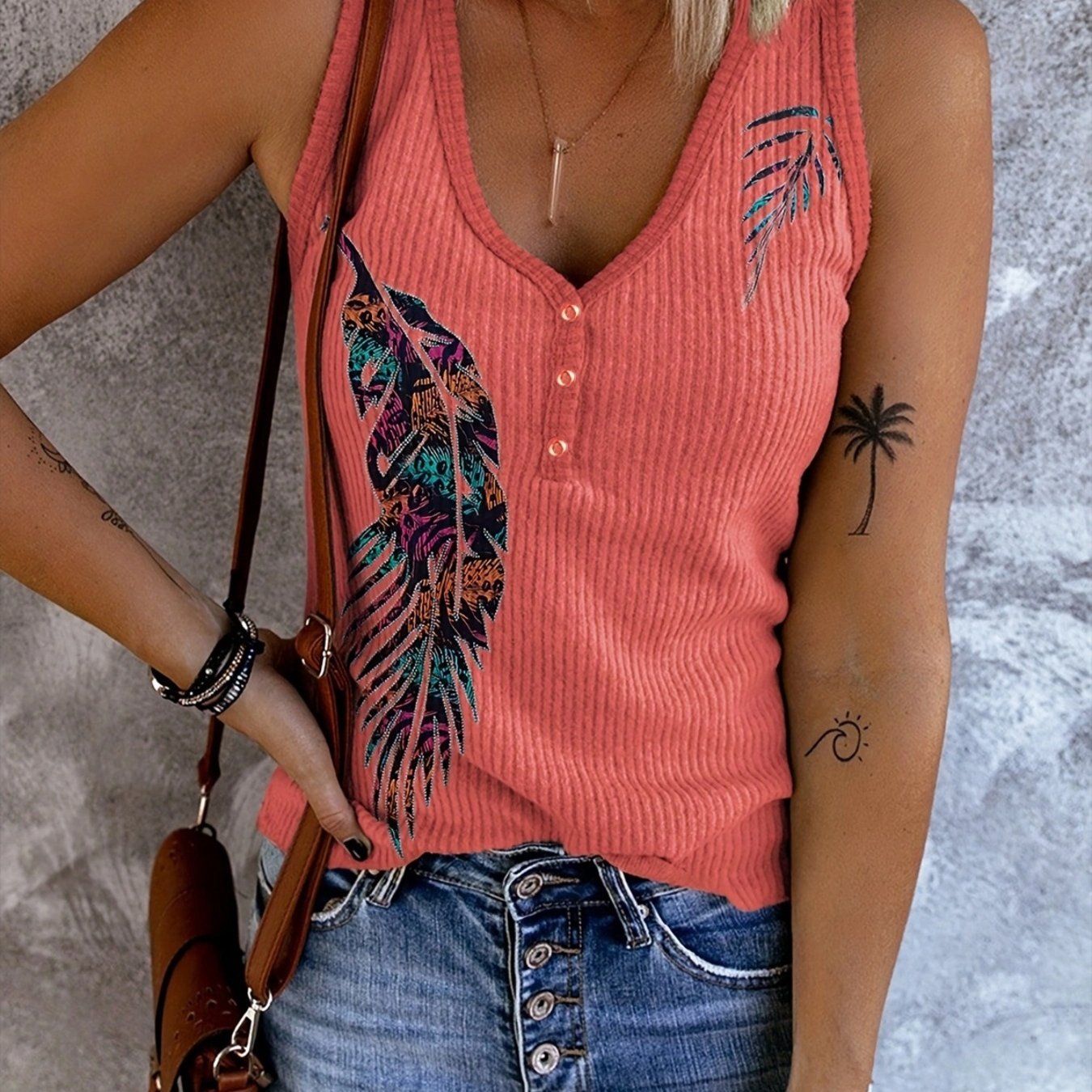 Feather Print V-Neck Tank Top Sleeveless Casual Women's Top