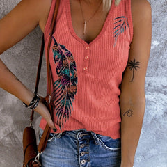 Feather Print V-Neck Tank Top Sleeveless Casual Women's Top