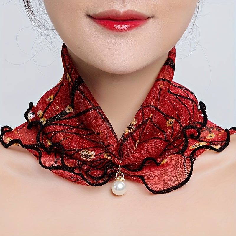 Floral Print Infinity Scarf with Faux Pearl Pendant
